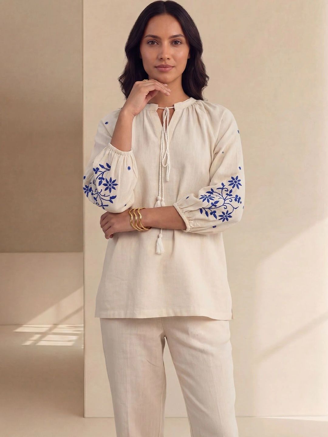 House of Chikankari Floral Embroidered Tie-Up Neck Cotton Top