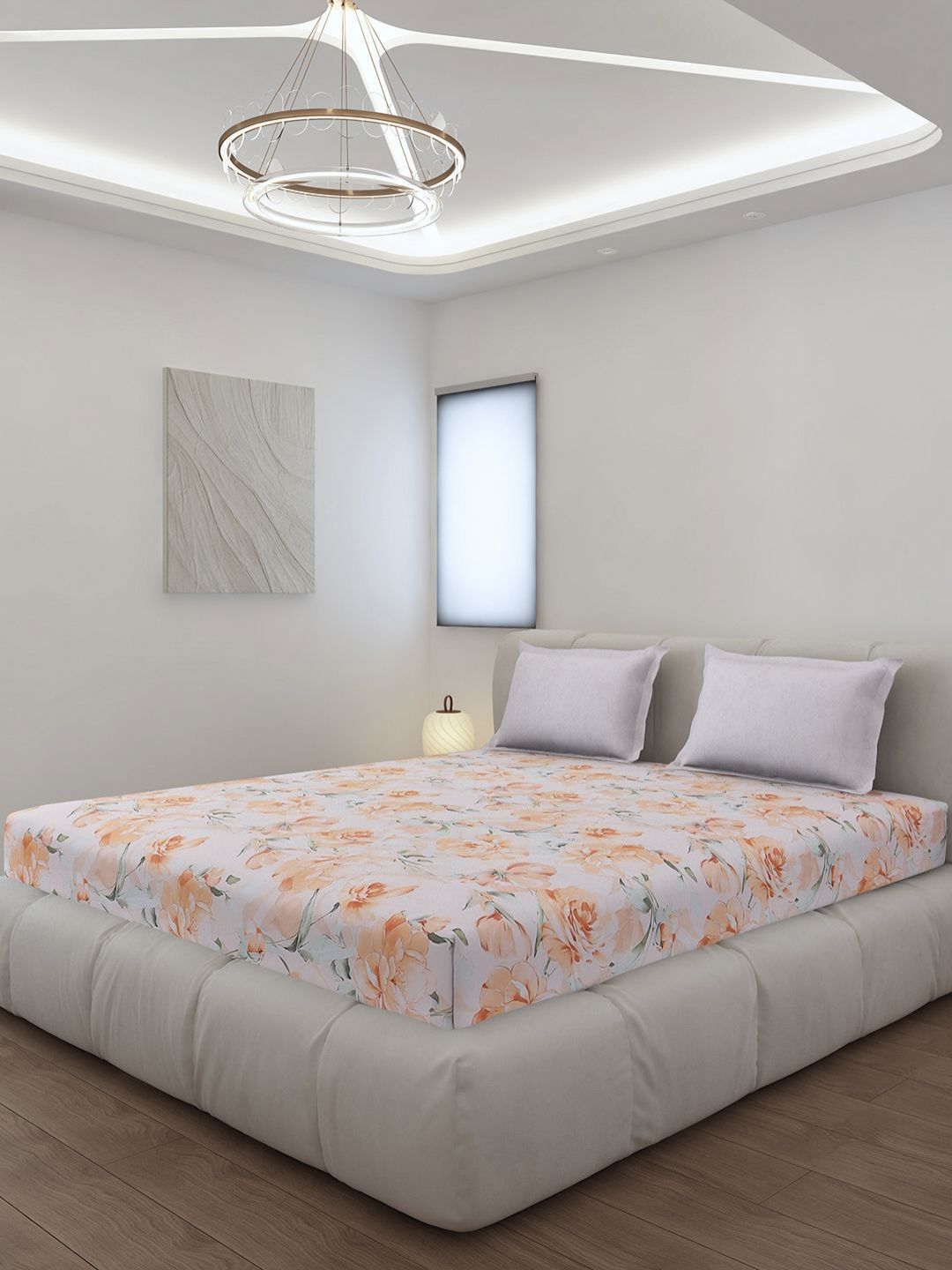 Monte Carlo Edmond White & Orange Floral Printed 144 TC King Bedsheet Set 2.70 m x 2.70 m