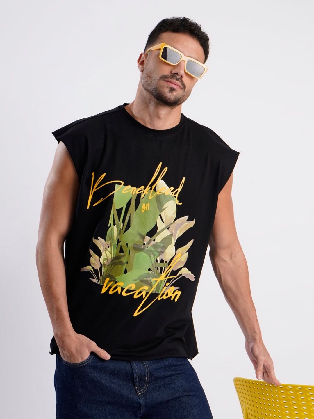 Bene Kleed Men Printed Extended Sleeves Raw Edge T-shirt