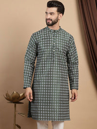 Kurta Lurus Kolar Mandarin Bercetak Motif Etnik Hijau Anouk