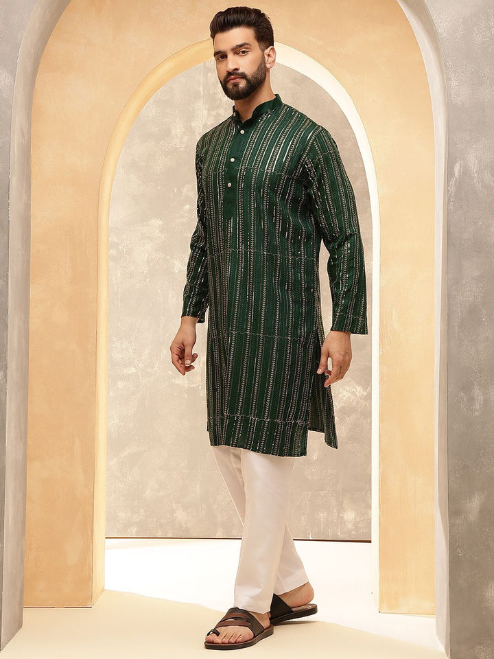 Anouk Green Striped Embroidered Sequinned Pure Cotton Straight Kurta With Pyjama