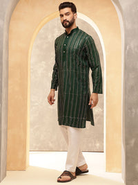 Anouk Green Striped Embroidered Sequinned Pure Cotton Straight Kurta With Pyjama