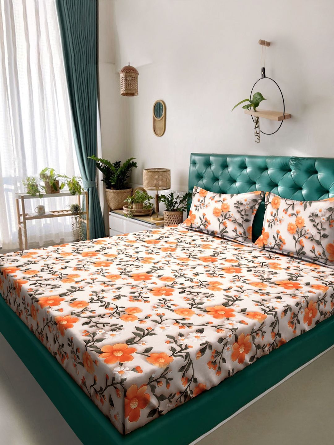 Myntra Elegant Cream Floral Printed Flat 300 TC King 7D Bedsheet With 2 Pillow Cover