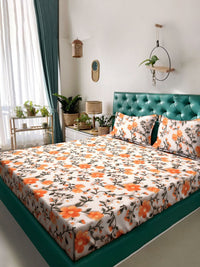 Myntra Elegant Cream Floral Printed Flat 300 TC King 7D Bedsheet With 2 Pillow Cover