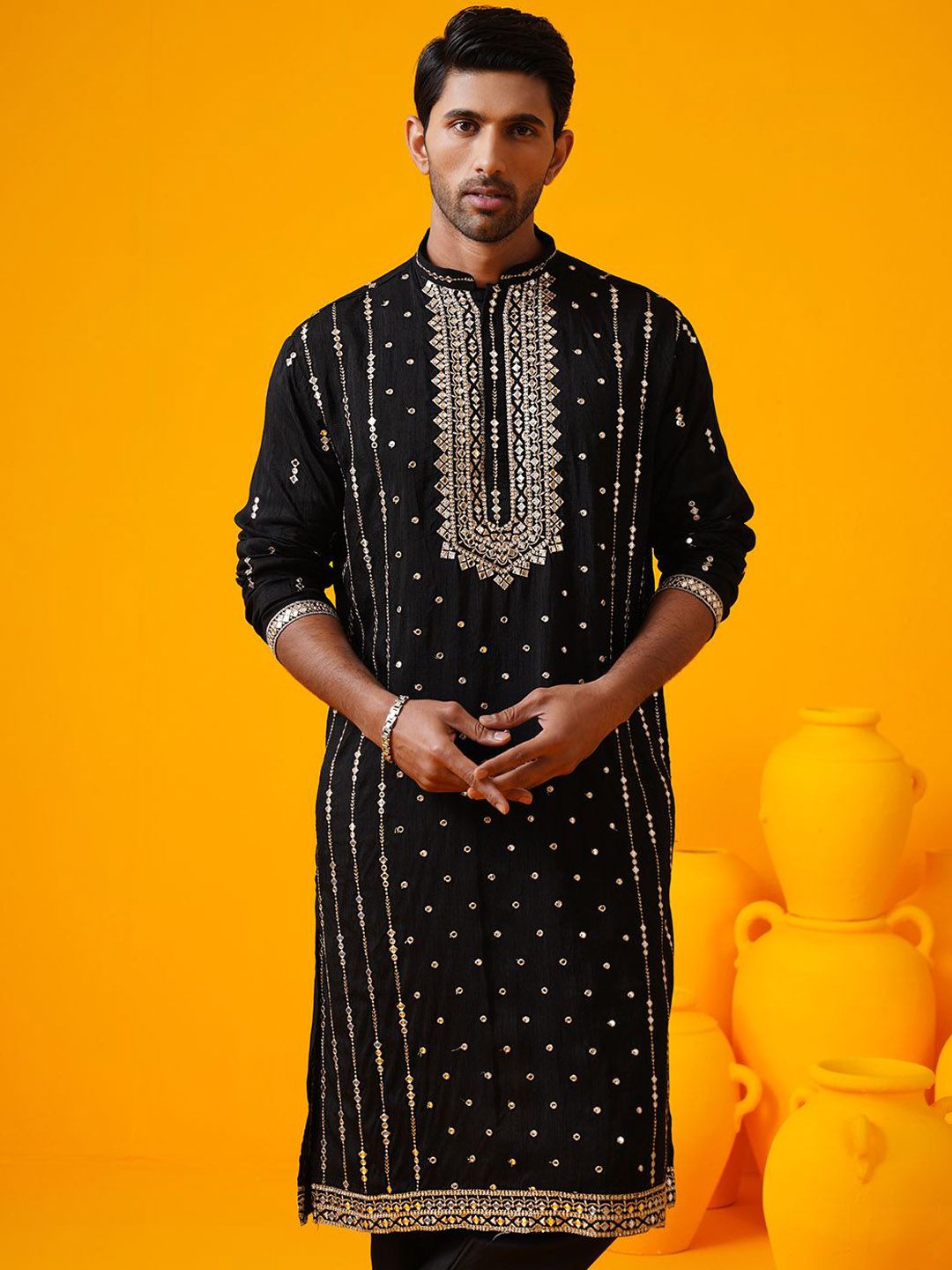 SOJANYA LUXE Geometri Cermin Kerja Mandarin Collar Kurta Sutera Lurus