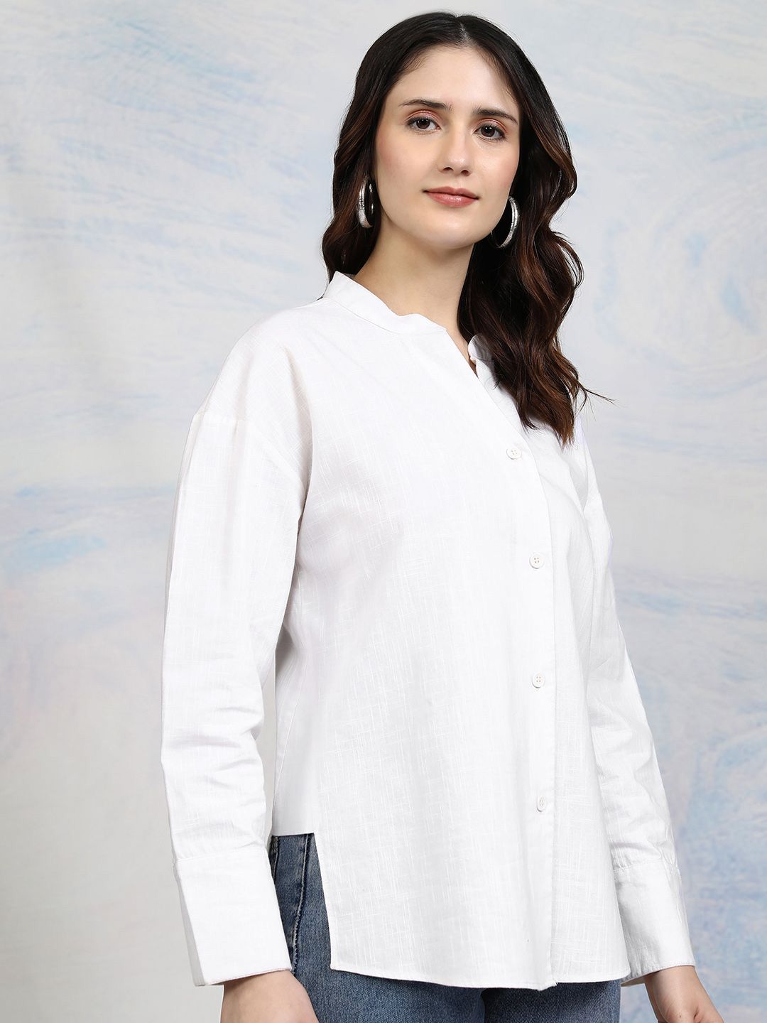 Tokyo Talkies Women Button Down Drop Shoulder Cotton Shirt