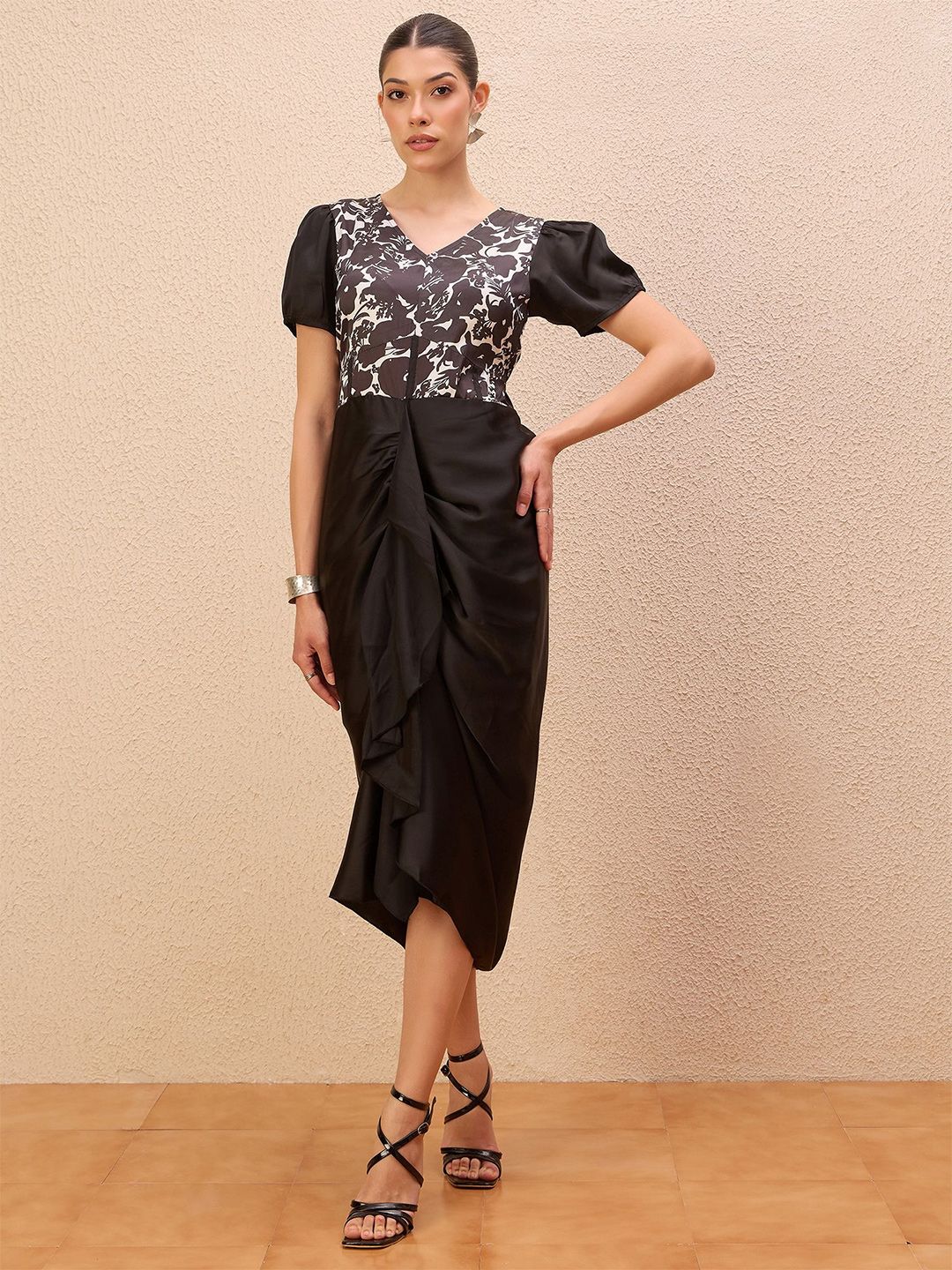 Antheaa Women Puff Sleeve Satin Sheath Midi Dress