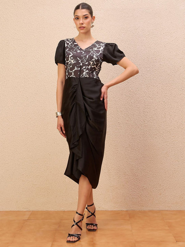 Antheaa Women Puff Sleeve Satin Sheath Midi Dress