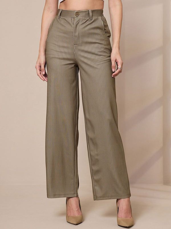 SASSAFRAS worklyf Women Striped Relaxed Straight Leg High-Rise Trousers