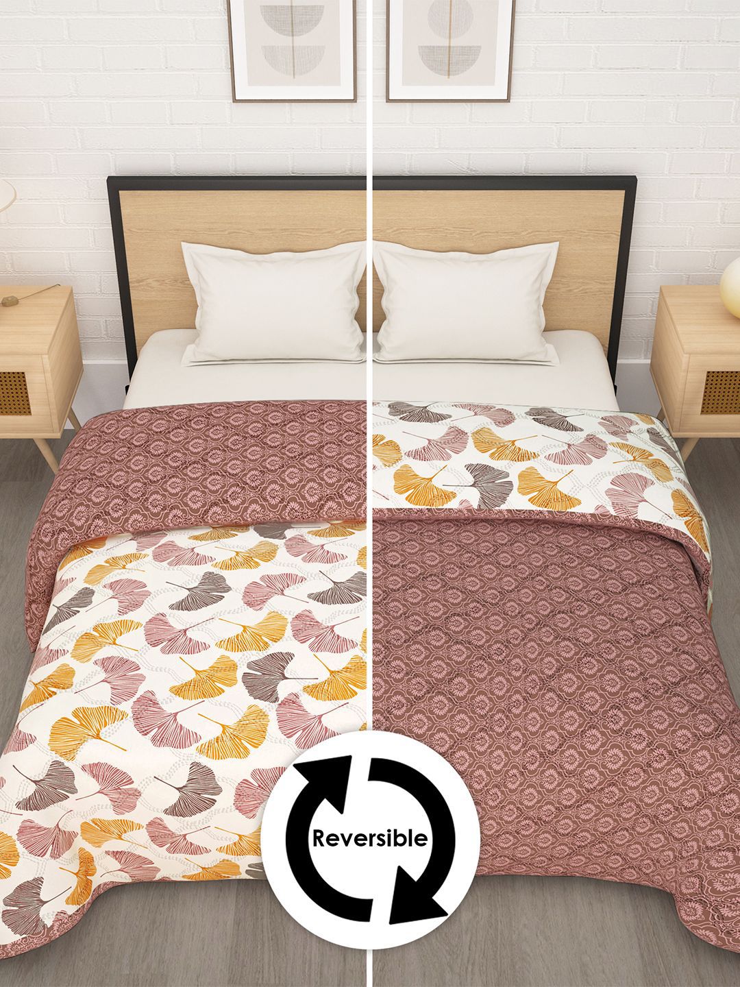 Story@home Beige & Yellow Floral Reversible 120 GSM AC Room Double Bed Comforter