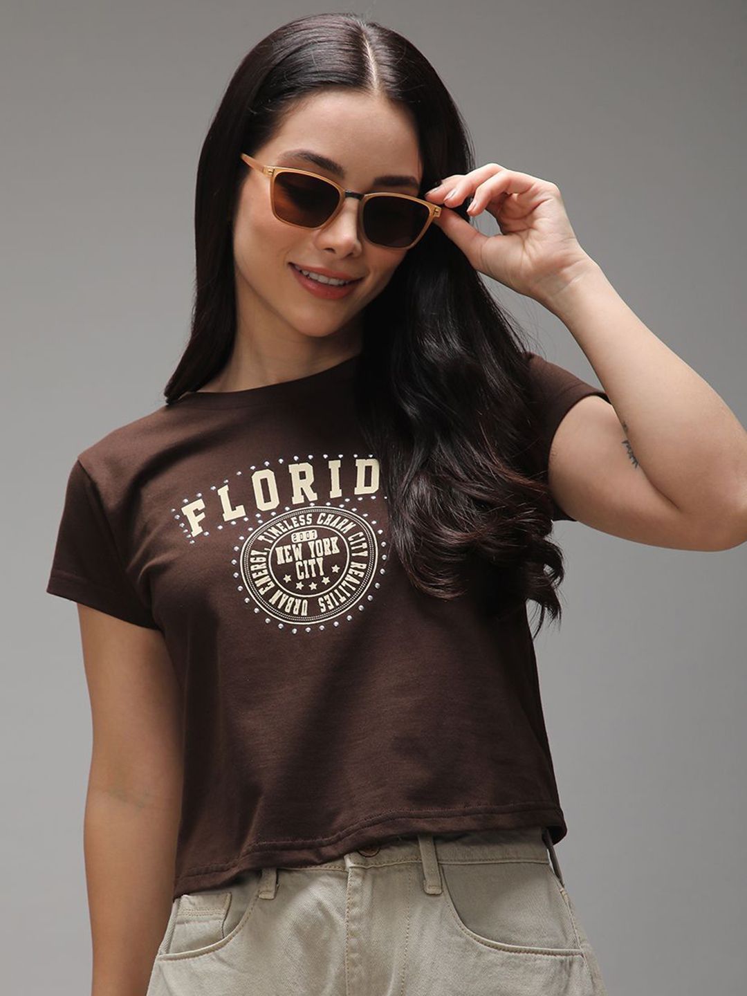 DILLINGER Women Regular Fit Cropped Crew Neck Varsity Printed Tshirt