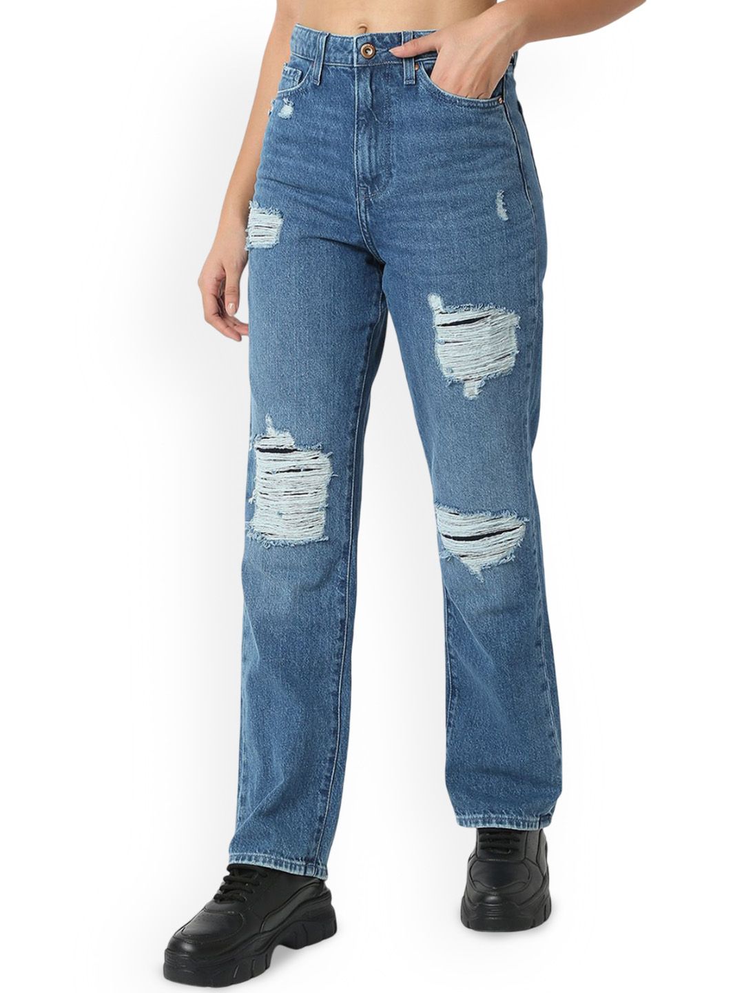 SPYKAR Women Straight Fit High-Rise Highly Distressed Heavy Fade Jeans