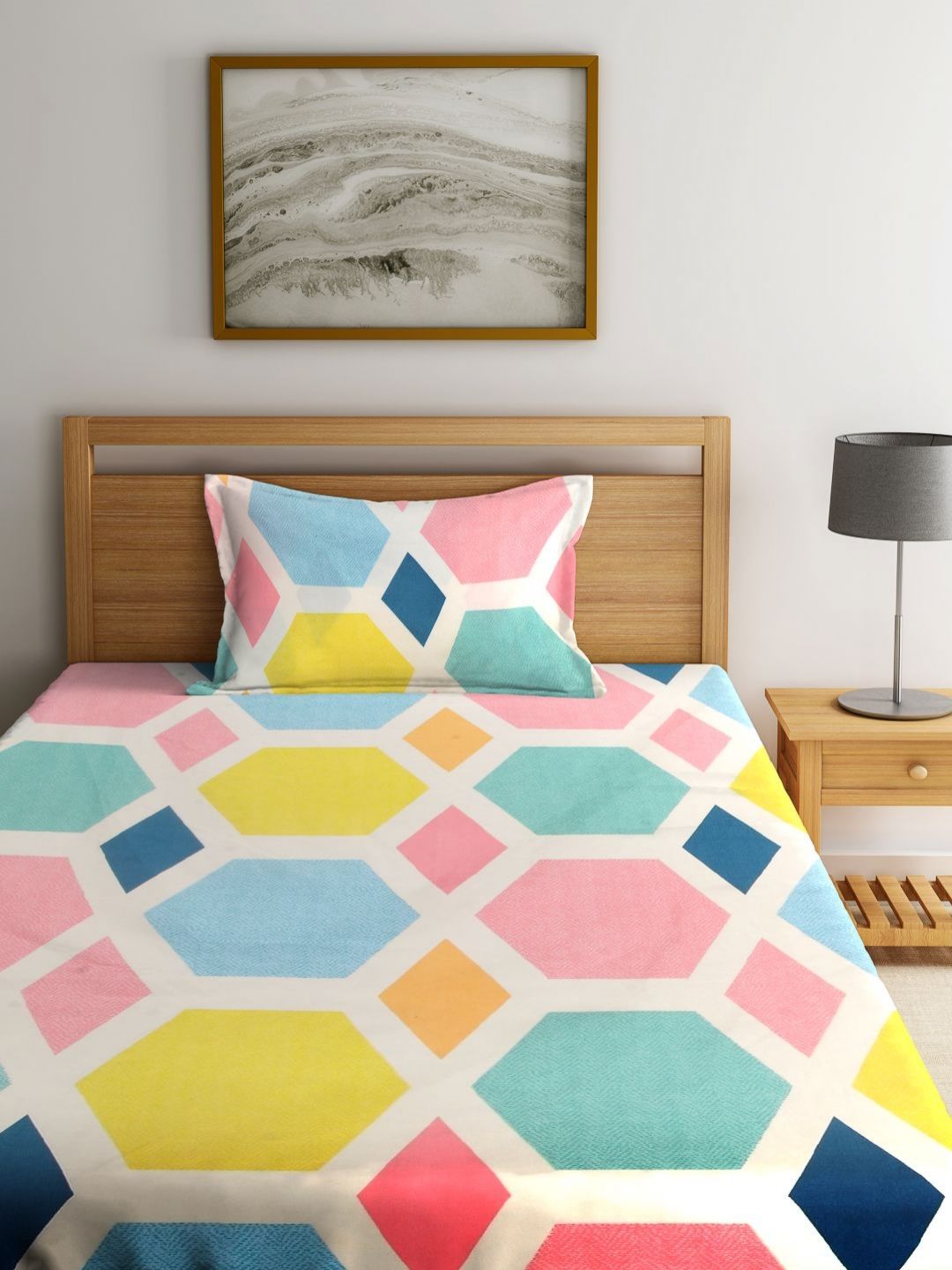 Myntra Elegant Homes White & Blue Printed Set Cadar Bujang 300 TC 2.25m x 1.50m
