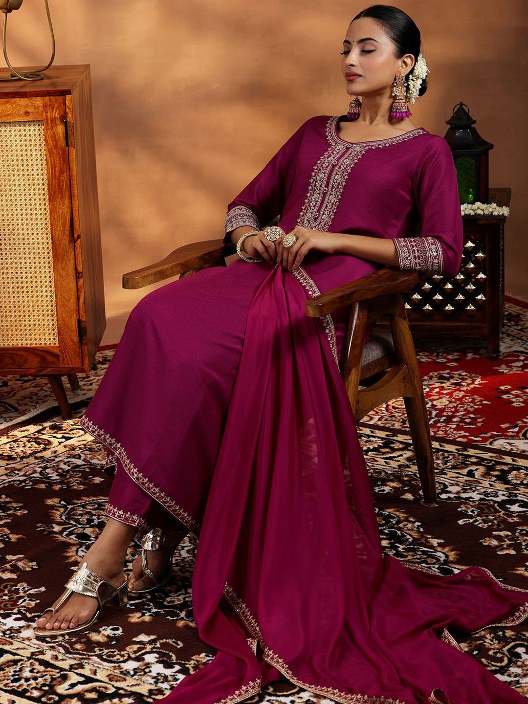 Libas Floral Yoke Design Zari Regular A Line Kurta with Trousers & Dupatta