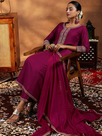 Libas Floral Yoke Design Zari Regular A Line Kurta with Trousers & Dupatta