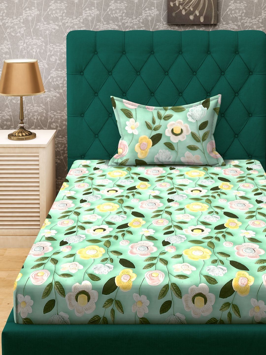 KLOTTHE Pink & Green Floral Printed Fitted 300 TC Single 7D Bedsheet With Pillow Cover