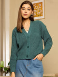 Berrylush Women Ribbed V-Neck Full Sleeve Cardigan