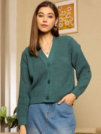 Berrylush Women Ribbed V-Neck Full Sleeve Cardigan
