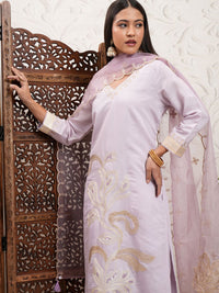 Vishudh Purple Ethnic Motifs Embroidered V Neck Straight Kurta & Trousers With Dupatta