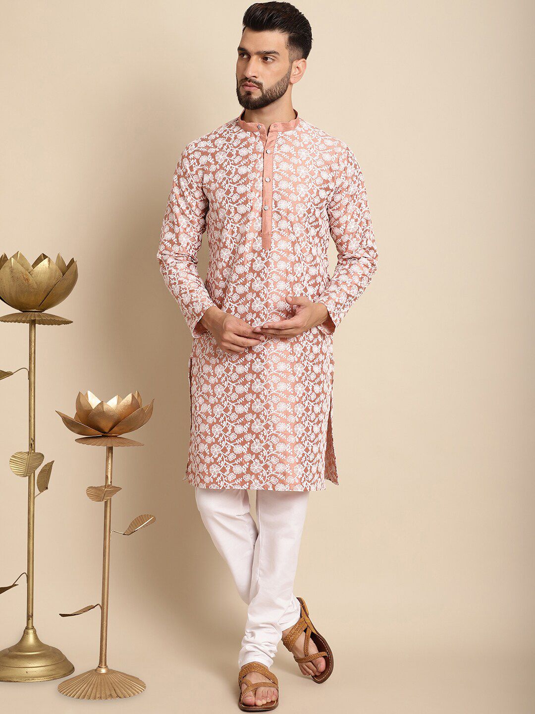 Anouk Floral Embroidered Band Collar Regular Kurta with Churidar