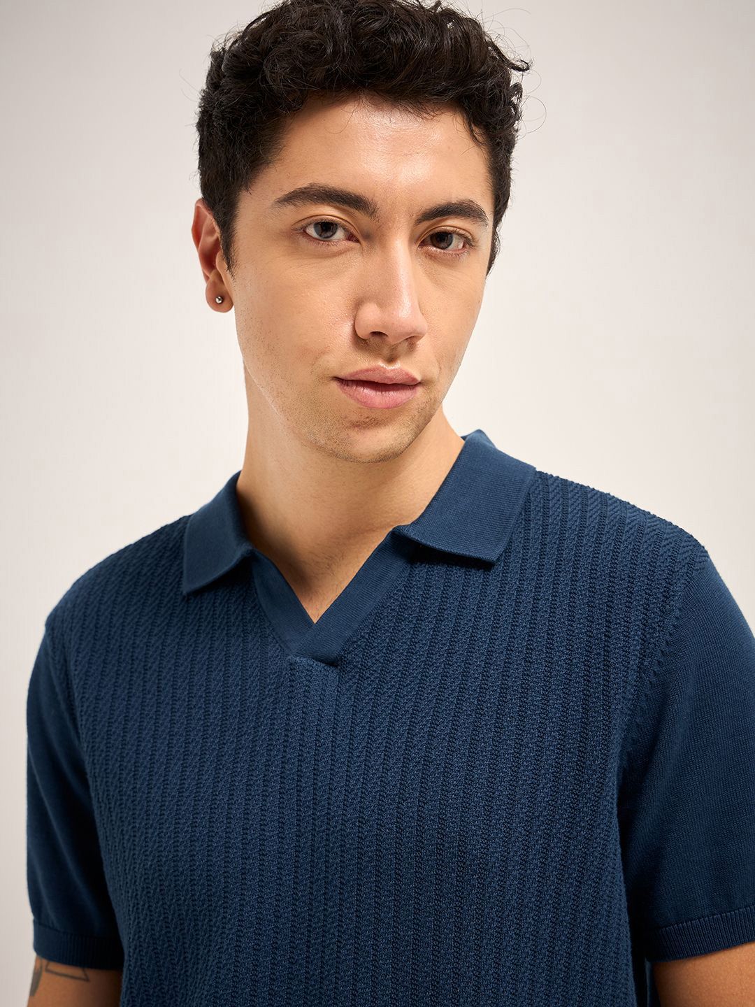 THE BEAR HOUSE Self Design Polo Collar Pure Cotton T-shirt