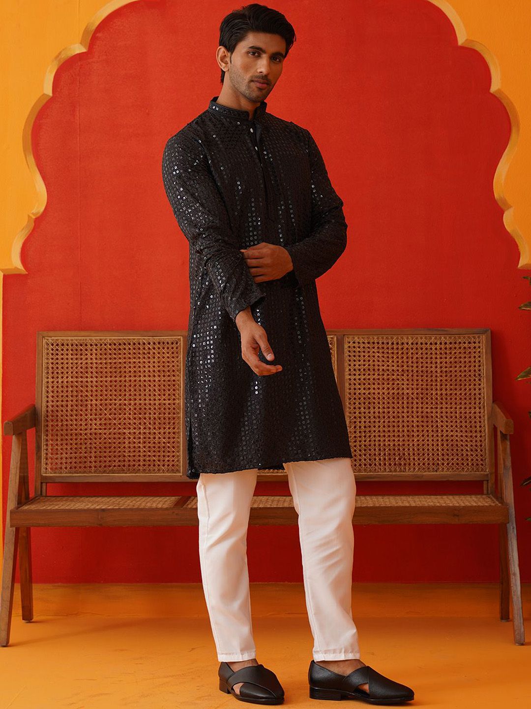 Jompers Men Embroidered Regular Sequinned Kurta with Pyjamas