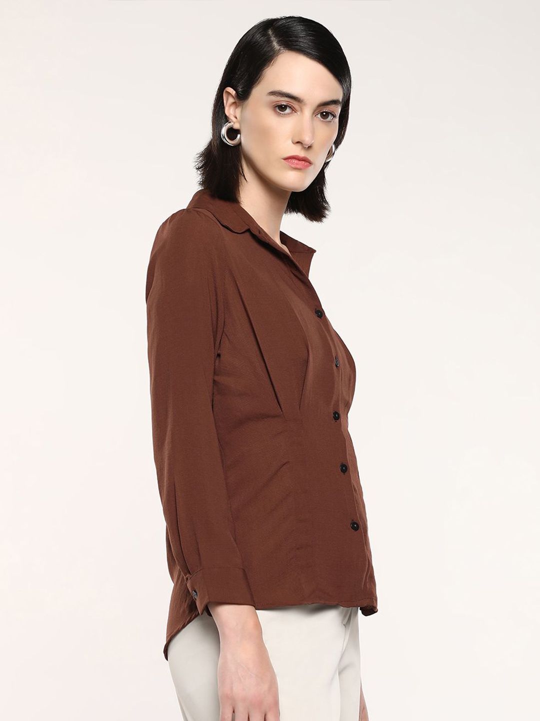 RAREISM Women Solid Shirt Collar Shirt Style Cotton Top