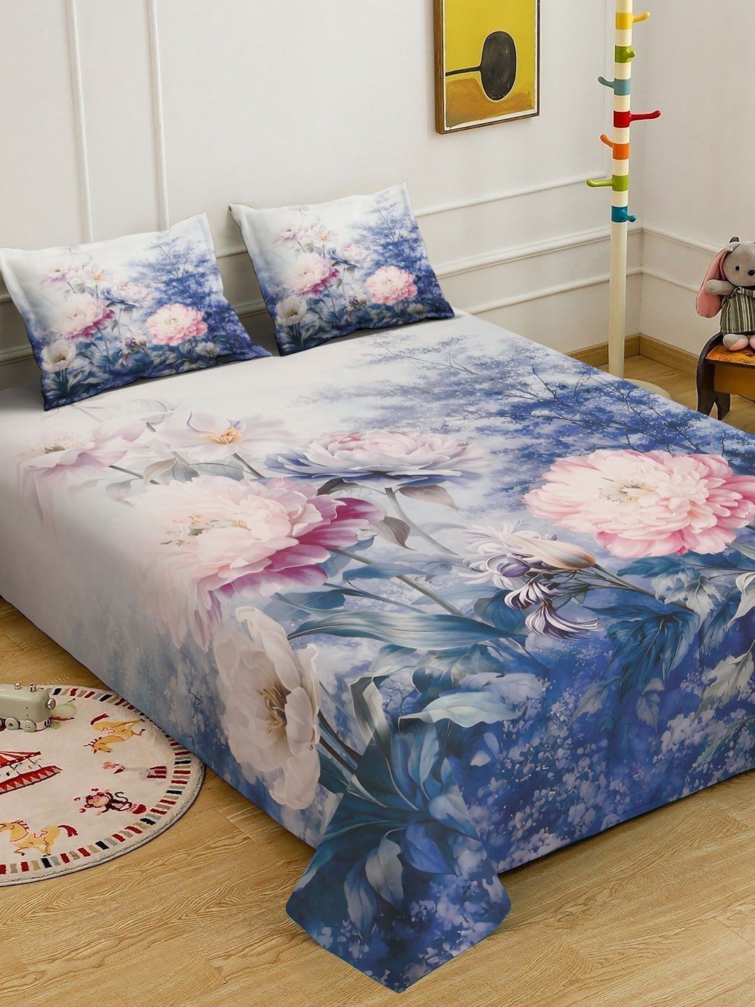 KLOTTHE Blue & Pink Floral Printed Flat 300 TC King Double Bedsheet With 2 Pillow Cover