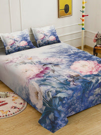 KLOTTHE Blue & Pink Floral Printed Flat 300 TC King Double Bedsheet With 2 Pillow Cover