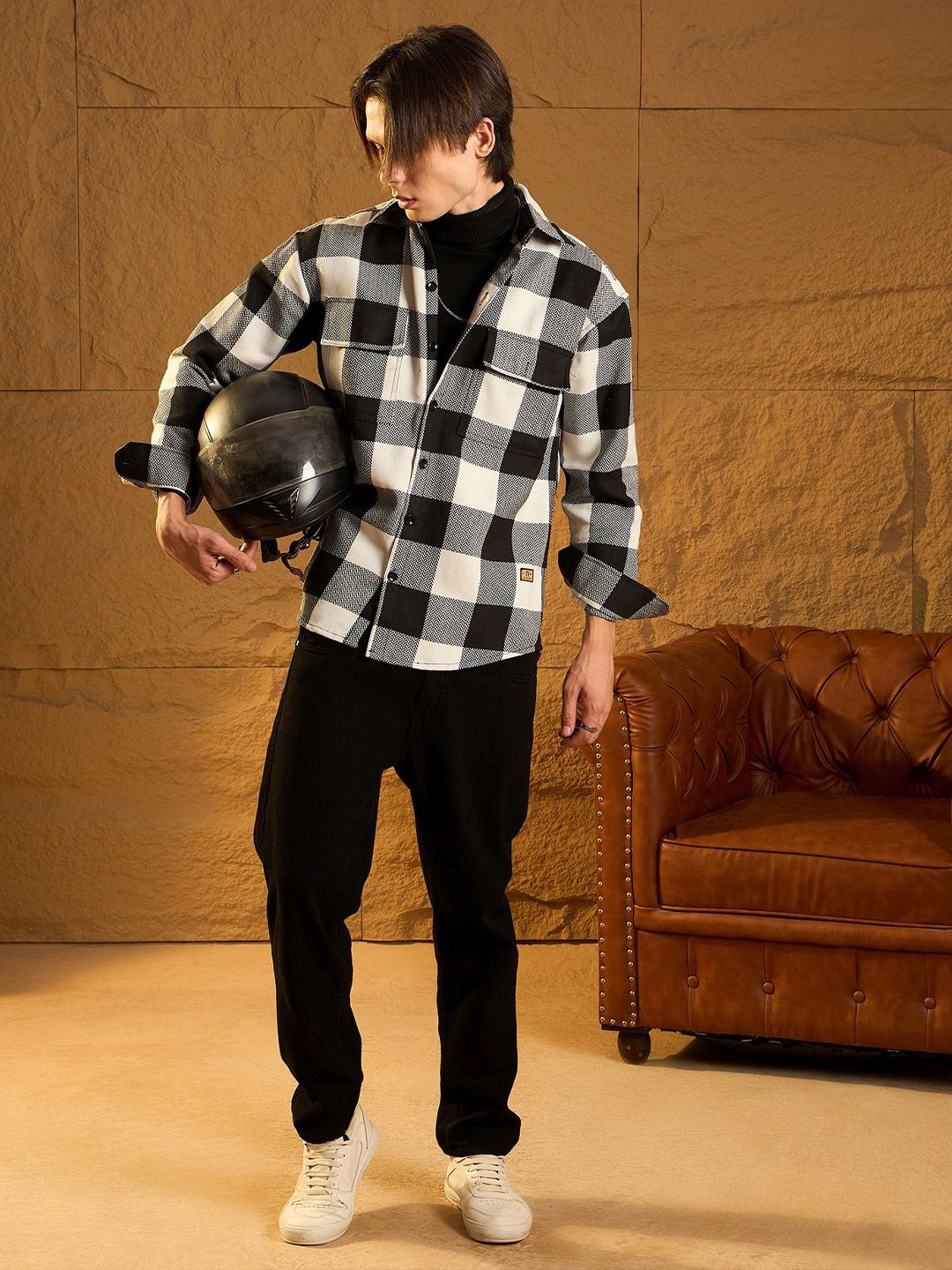 DENNISON Men Double Pocket Drop Shoulder Oversized Cotton Checked Shacket