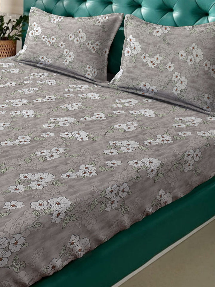 Myntra Elegant Homes Grey Floral Pure Cotton 400 TC Fitted King Superfine Bedsheet dengan 2 Sarung Bantal-98 x 89 inci