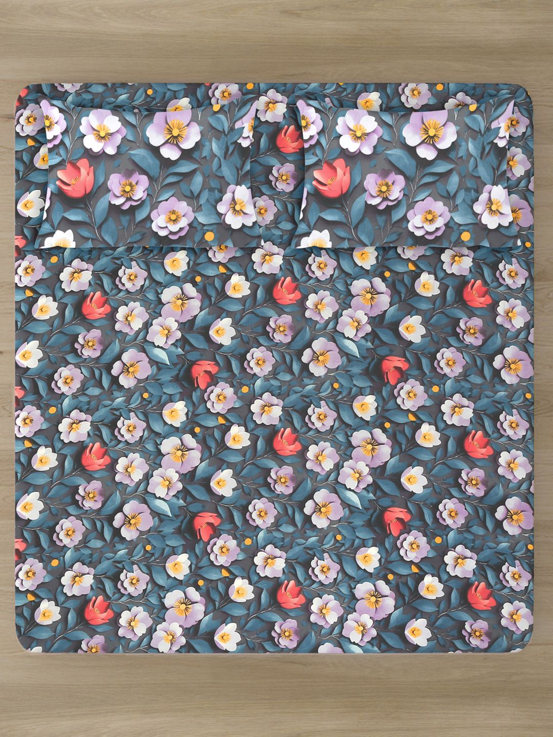 KLOTTHE Blue Floral Printed Fitted 300 TC Double King 7D Bedsheet With 2 Pillow Cover