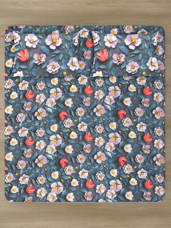 KLOTTHE Blue Floral Printed Fitted 300 TC Double King 7D Bedsheet With 2 Pillow Cover