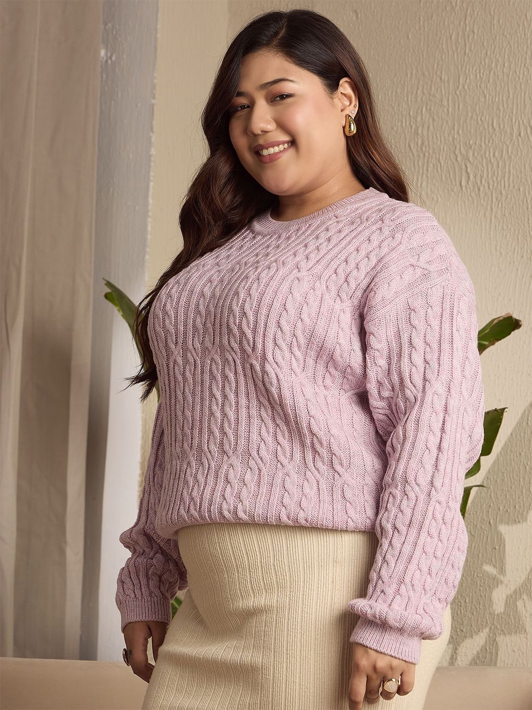 Berrylush Curve Women Cable Knit Long Sleeves Pullover