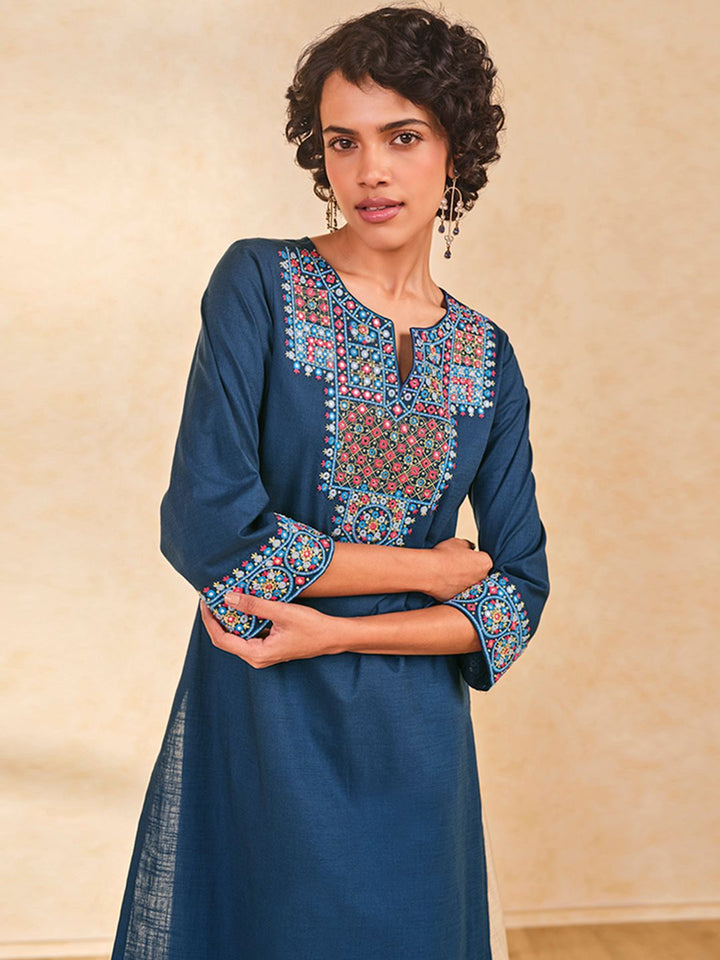 Global Desi Ethnic Motifs Yoke Design Mirror Work Pure Cotton Straight Kurta