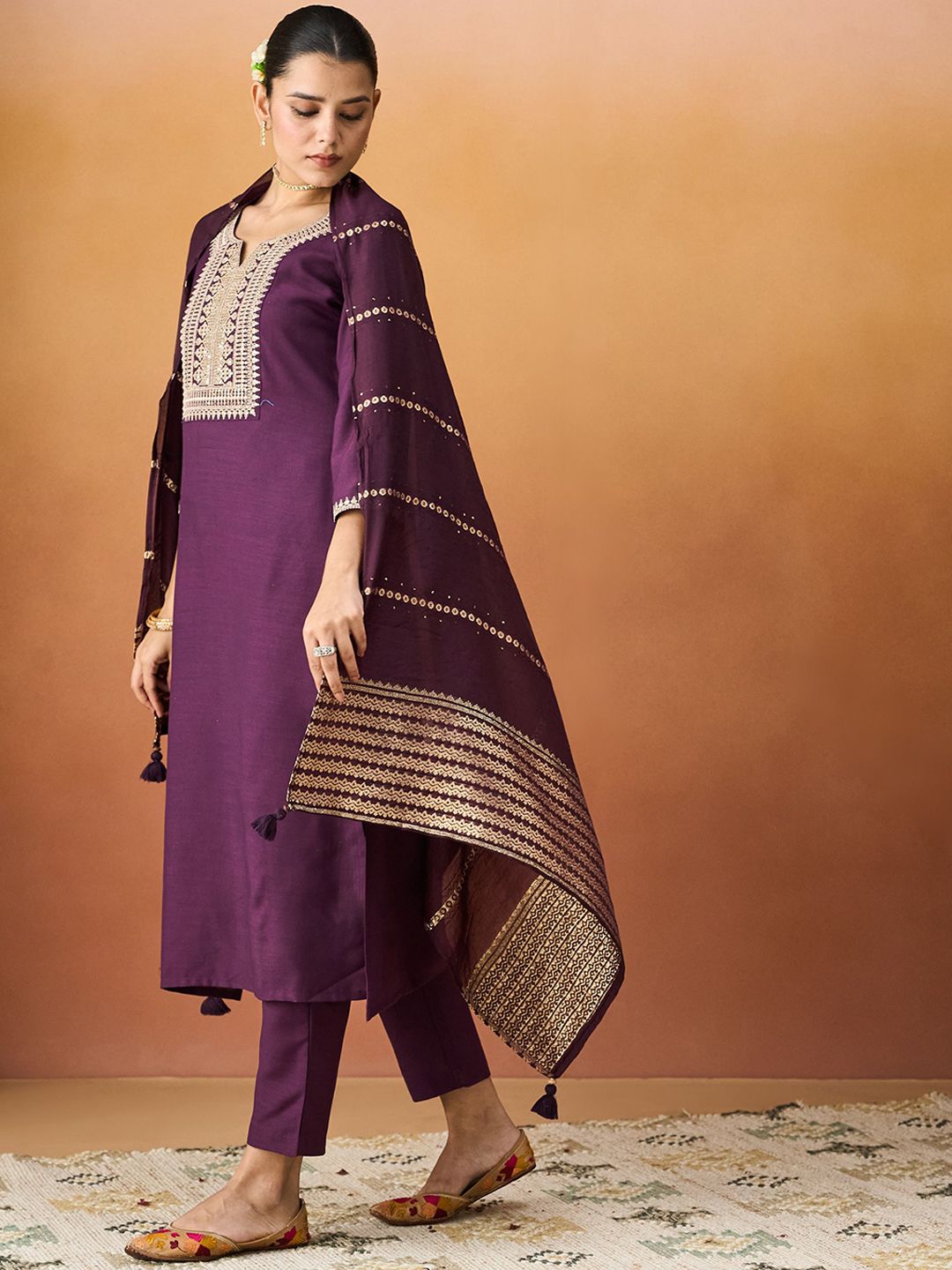 KALINI Ethnic Motifs Embroidered Straight Kurta With Trousers & Dupatta