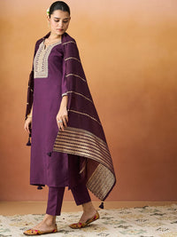 KALINI Ethnic Motifs Embroidered Straight Kurta With Trousers & Dupatta