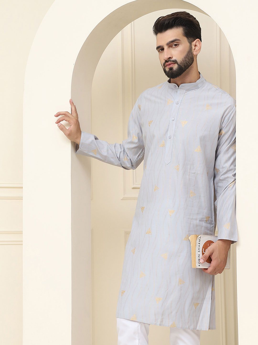 SOJANYA Geometric Woven Design Band Collar Jacqard Straight Kurta