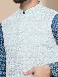Anouk Teal Blue Ethnic Motifs Printed Straight Kurta with Churidar