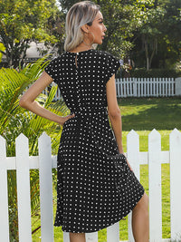 DressBerry Polka Dot Print Belted A-Line Midi Dress