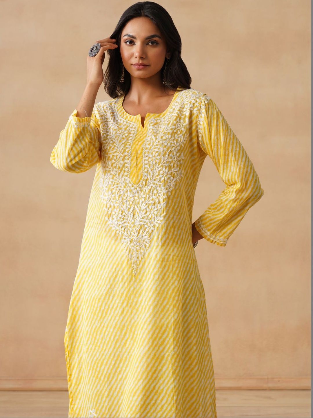 Kurta Bercetak Kuning Rumah Wanita Chikankari