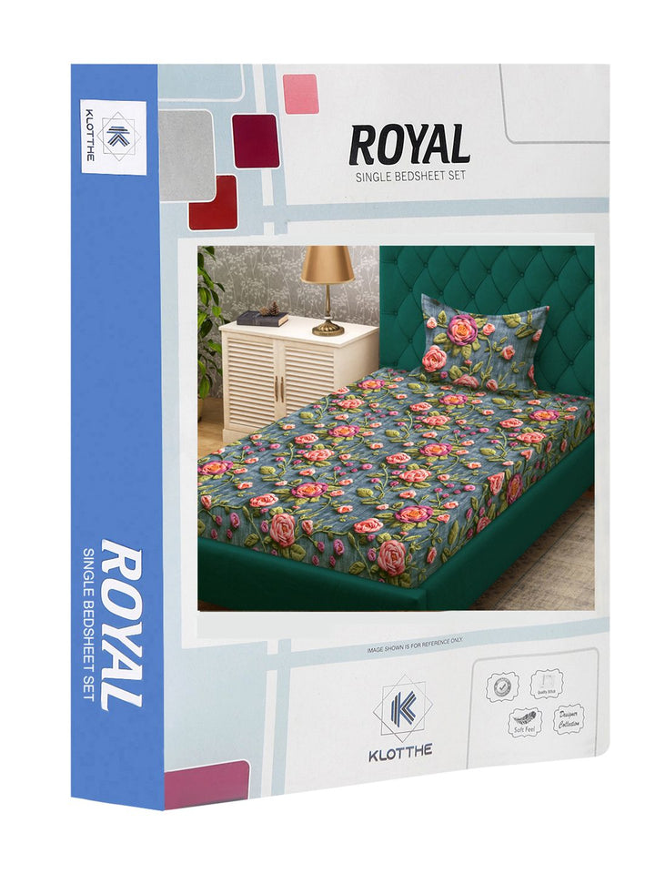 KLOTTHE Turquoise Blue Floral Printed Flat 300 TC Single Cadar 7D Dengan Sarung Bantal