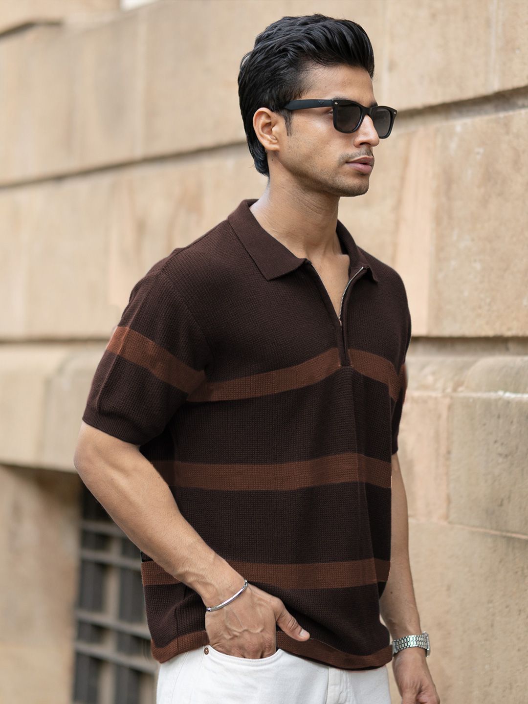 Powerlook Men Striped Polo Collar Cotton T-shirt