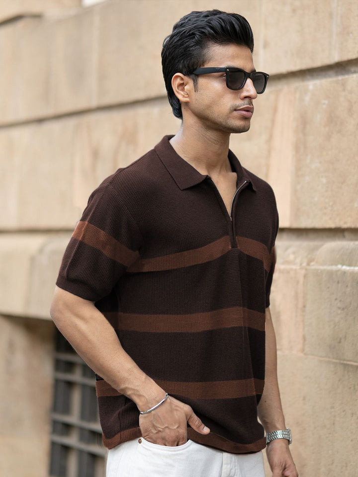 Powerlook Men Striped Polo Collar Cotton T-shirt