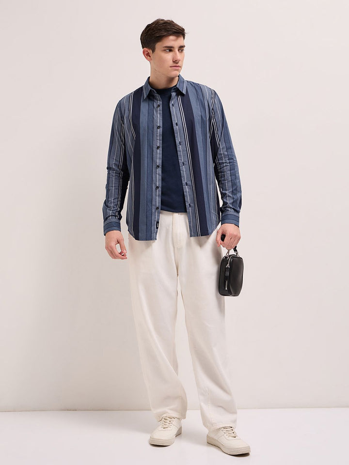 THE BEAR HOUSE Slim Fit Striped Pure Cotton Casual Shirt