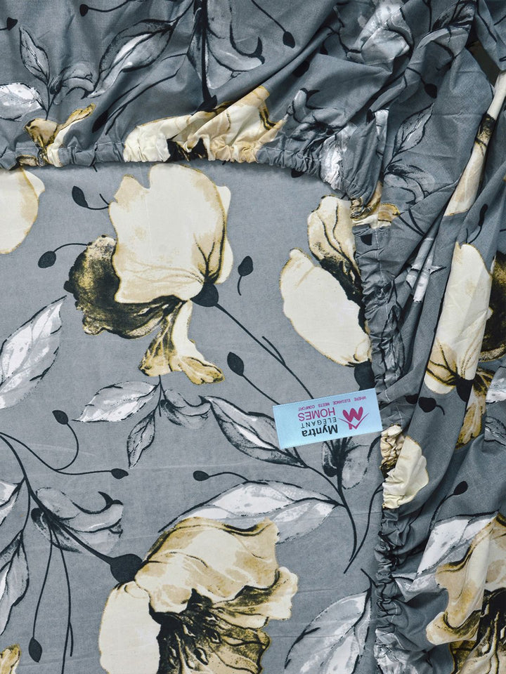 Myntra Elegant Homes Grey Floral Printed Fitted 400TC King Bedsheet & 2 Pillow Cover