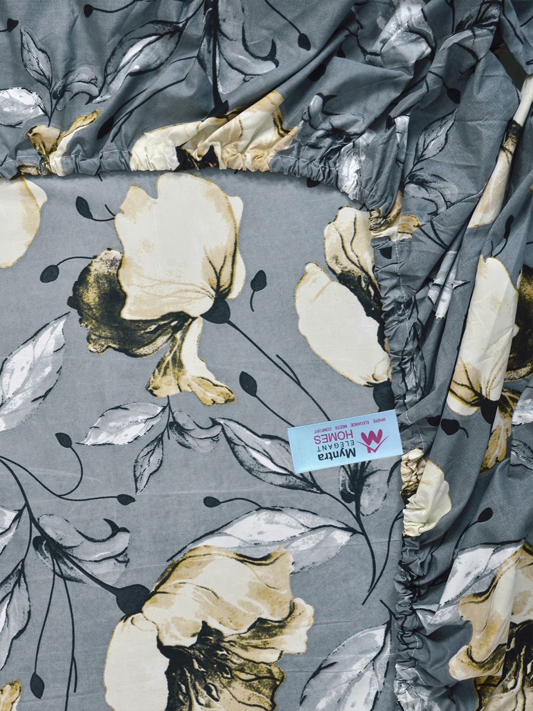 Myntra Elegant Homes Grey Floral Printed Fitted 400TC King Bedsheet & 2 Pillow Cover