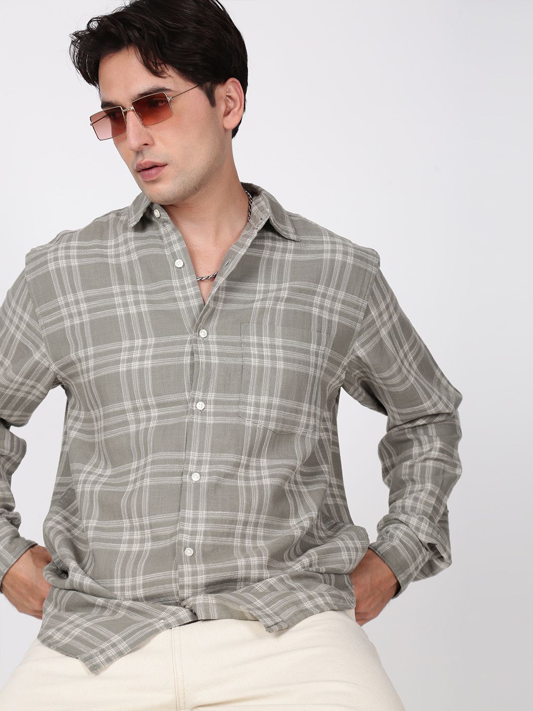 Bene Kleed Men Windowpane Checks Checked Spread Collar Casual Shirt