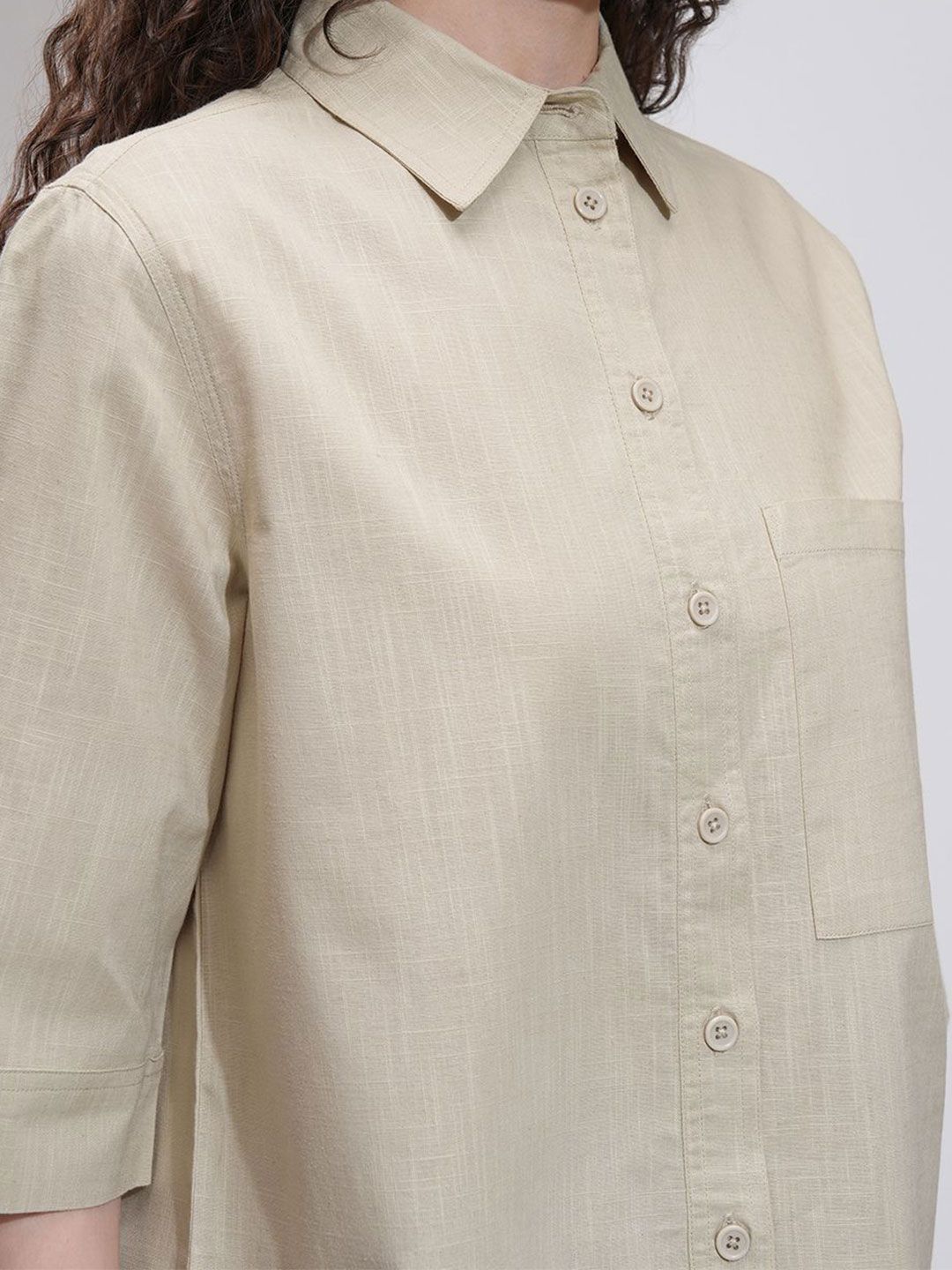 Tokyo Talkies Women Solid Button Down Longline Cotton Shirt