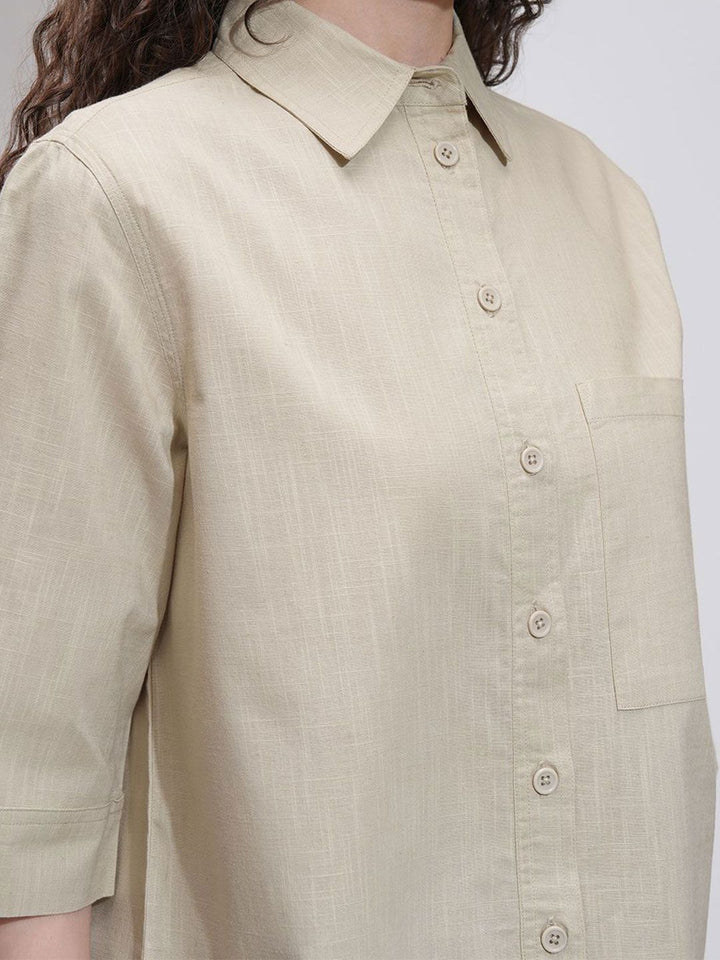 Tokyo Talkies Women Solid Button Down Longline Cotton Shirt